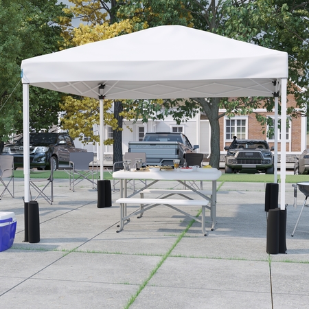 FLASH FURNITURE White Pop Up Canopy Tent and Folding Bench Set JJ-GZ10PKG103-WH-GG